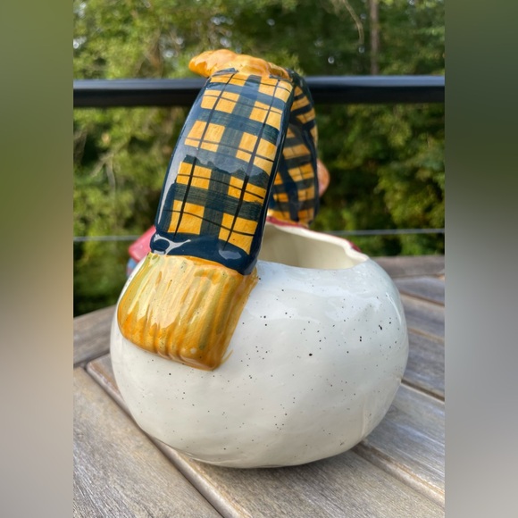 Vintage 90s Ceramic Girl Christmas - Autumn Snowman Planter With Handle - Picture 3 of 9